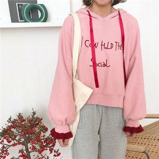 Lettering Long-sleeve Loose-fit Cropped Hooded Top