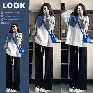 Color Block Sweater / Drawstring Straight Leg Pants