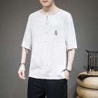 Elbow-sleeve Embroidered Frog-buttoned Linen T-shirt