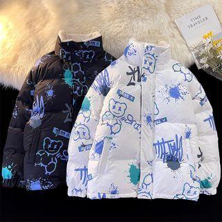 Long Sleeve Stand Collar Bear Print Padded Jacket