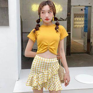 Set: Short-sleeve Swim Top + Gingham Skirt