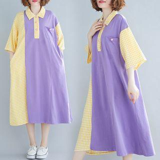 Elbow-sleeve Plaid Panel Midi Polo Dress Purple - One Size
