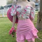 Short-sleeve Floral Print Top / Skirt / Set