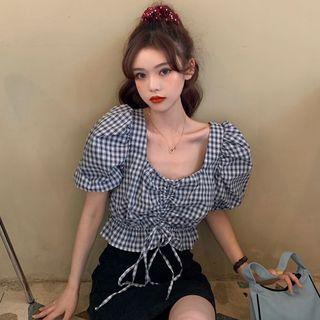 Plaid Drawstring Short-sleeve Blouse As Shown In Figure - One Size