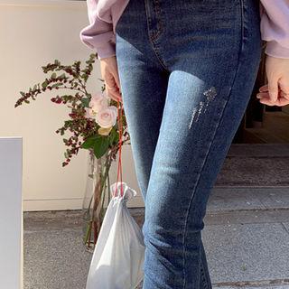 Band-waist Distressed Fleece-line Jeans