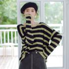Long-sleeve Striped Knit Top Avocado Green - One Size