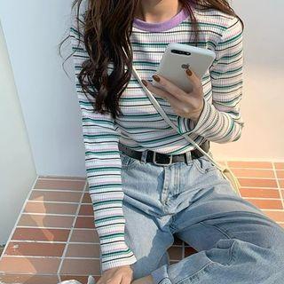 Long Sleeve Pinstriped Top As Shown In Figure - One Size
