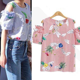 Floral Print Striped Cold Shoulder Short-sleeve Top