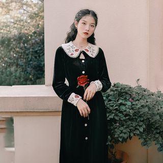 Long-sleeve Embroidered Velvet Midi A-line Dress