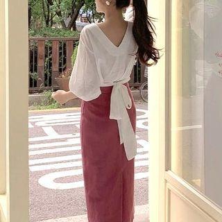 Elbow-sleeve Blouse / Plain Midi Skirt