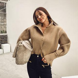 Collared Puff-sleeve Ribbed Cardigan