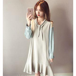 Mock Two-piece Long-sleeve Ruffle-hem Dress