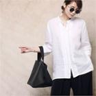 Mandarin-collar 3/4-sleeve Pintuck Linen Shirt