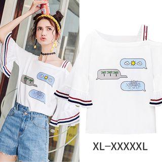 Print One-shoulder Elbow-sleeve Chiffon Top