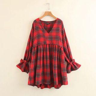 Bell-sleeve Plaid V-neck Tunic