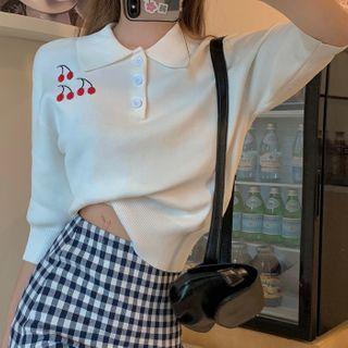 Short-sleeve Cherry Embroidered Polo Knit Top White - One Size