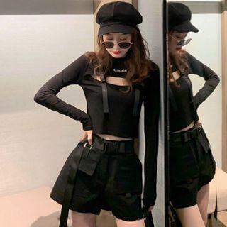 Set: Cut-out Long-sleeve T-shirt + Pocket Detail Shorts