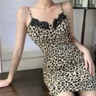 V-neck Print Leopard Lace Drawstring Mini Dress Printed Leopard Camisole - One Size