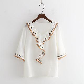 Embroidered Ruffled Short-sleeve T-shirt