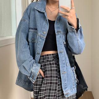 Embroidered Long-sleeve Denim Jacket Blue - One Size