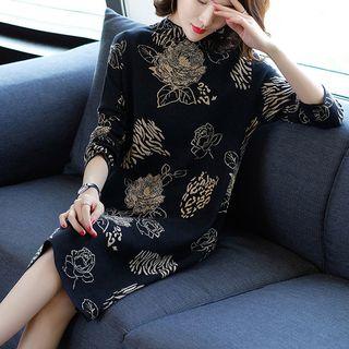 Flower Pattern Long-sleeve A-line Knit Dress