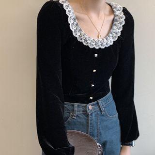 Lace Trim Velvet Blouse Black - One Size