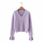 V-neck Cable-knit Sweater Purple - One Size