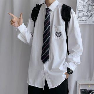 Embroidered Plain Long-sleeve Shirt With Tie