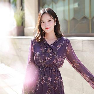 Tie-neck Frill-hem Long Floral Dress Purple - One Size