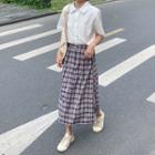 Short-sleeve Plain Shirt / Plaid Midi Skirt