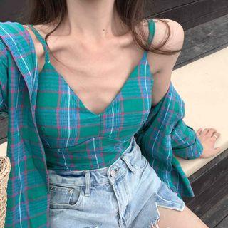 Check Long-sleeve Loose-fit Shirt + Slim-fit Camisole Top