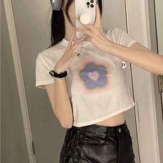 Flower Print Cropped T-shirt White - One Size