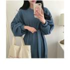 Balloon-sleeve Ribbed Dress With Sash