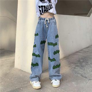 Drawstring Lettering Wide Leg Jeans