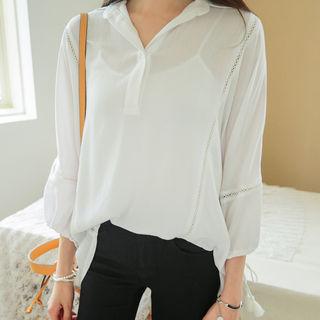 Tasseled Bishop-sleeve Lace-trim Blouse