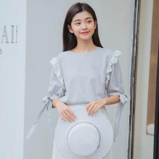 Gingham Elbow-sleeve Ruffle Blouse