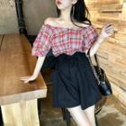 Plaid Off-shoulder Elbow-sleeve Blouse / High-waist Wide-leg Shorts