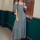 Off-shoulder Maxi Plaid A-line Dress