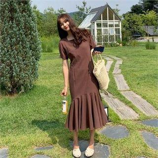 Square-neck Ruffle-hem Linen Blend Dress Brown - One Size