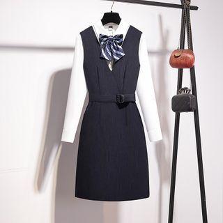 Bow Long-sleeve Blouse / A-line Pinafore Dress / Set