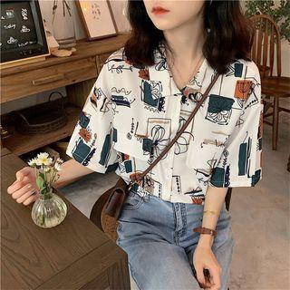 Retro Print Short Sleeve Shirt White - One Size