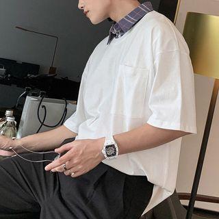 Mock Two-piece Elbow-sleeve Plaid Paneled T-shirt