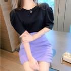 Puff-sleeve T-shirt / Irregular Fitted Mini Skirt