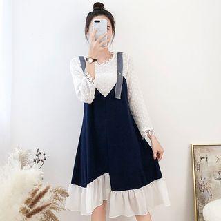 Long-sleeve Lace Panel Asymmetrical A-line Dress
