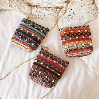 Faux Pearl Embroidered Chain Strap Crossbody Bag