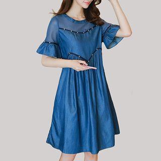 Faux Pearl Short Sleeve A-line Denim Dress