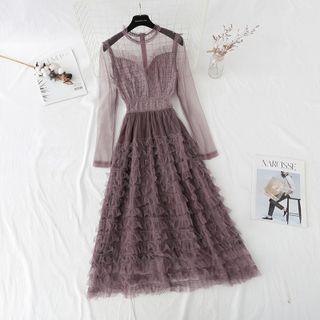 Long-sleeve Sheer Tiered Dress