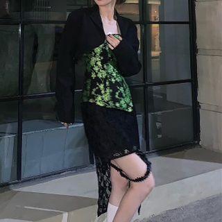 Cropped Blazer / Floral Print Strapless Top / Asymmetrical Lace Skirt