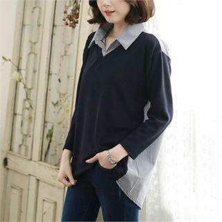 Collared Stripe-panel Dip-back Top