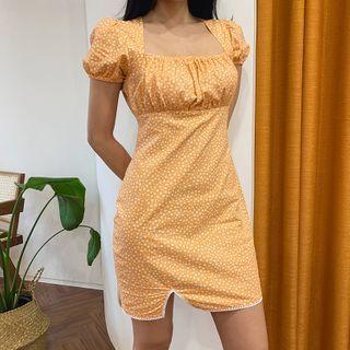 Square-neck Shirred Mini Floral Dress